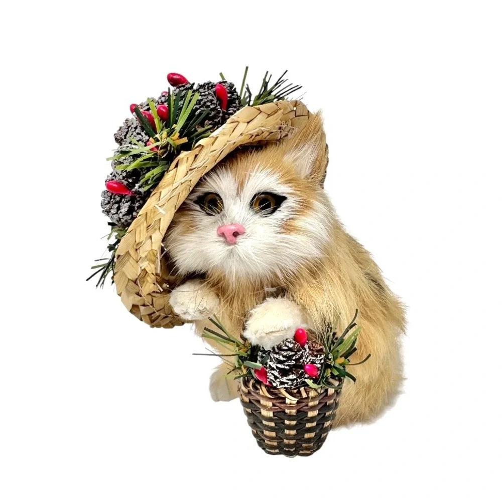 Vintage Miniature Real Fur Cat Figurine with Christmas Hat & Basket Buff White